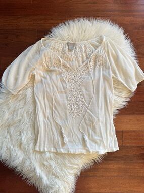 JOE FRESH off white beachy boho top with tassels and 3/4 sleeves XS 100% cotton